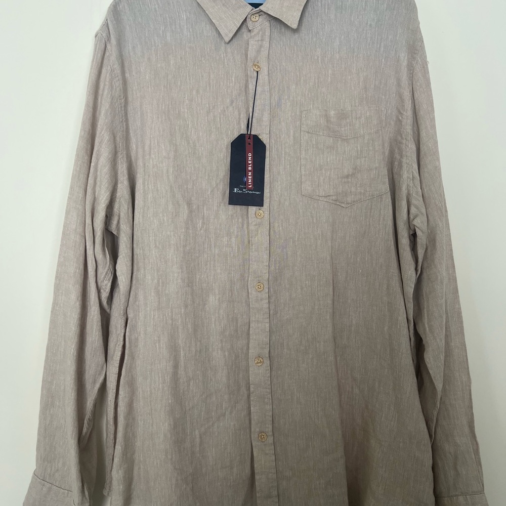 NWT Linen Blend Ben Sherman Sandy Beige Long Sleeve Button Up Light Weight